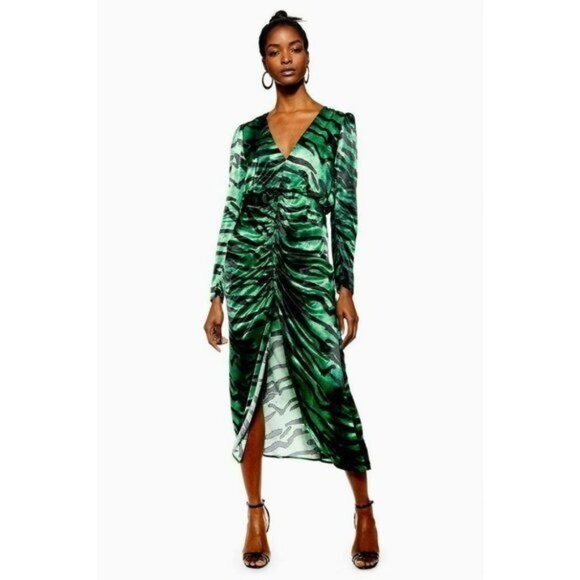Topshop Green Zebra Satin Midi Dress Ruched Puff Sleeve Front Slit Sz 8 Us New